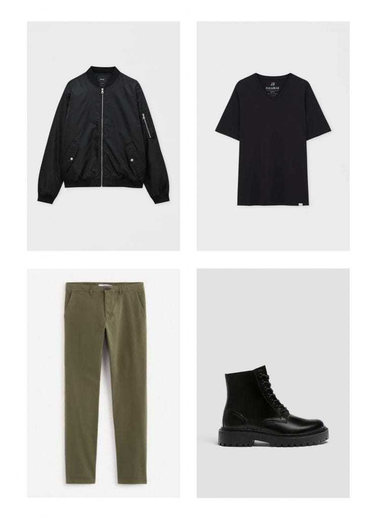 Tenue composée d'un bomber noir, un t-shirt noir, un pantalon chino kaki et des bottines noires